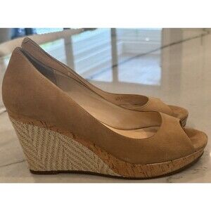 Cole Haan Peep Toe Wedge Espadrille Tan Suede  Womens 9B Slip On D41630